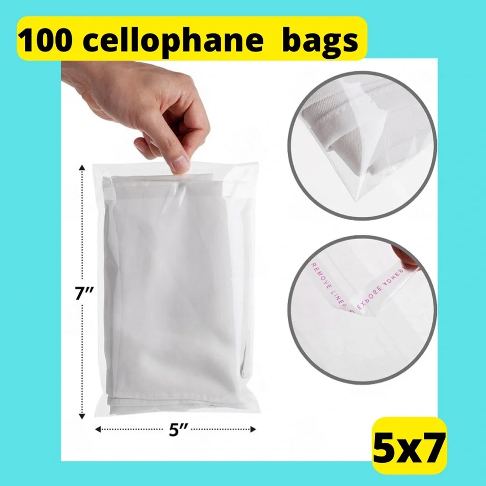 100 clear cellophane adhesive bags size 5x7